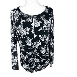 Lane Bryant Blouse Women 14/16 Black White Floral All Over Print Long Sleeve Top